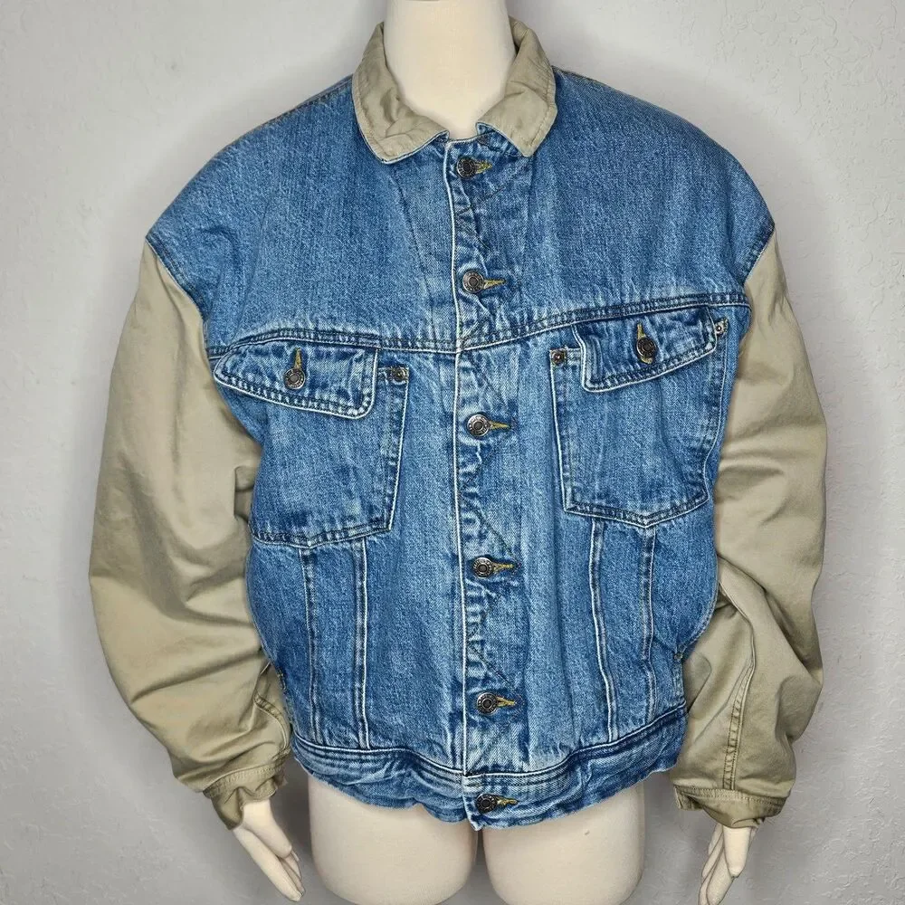 Gap Denim Canvas Jacket Jean Khaki Sleeve Quilted Lined Men's‎ XL Vintage 90s